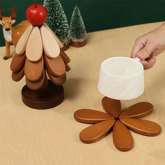 Wooden Christmas Tree Trivet Set – Heat Resistant Pot Holder, Kitchen Placemat & Decorative Coaster