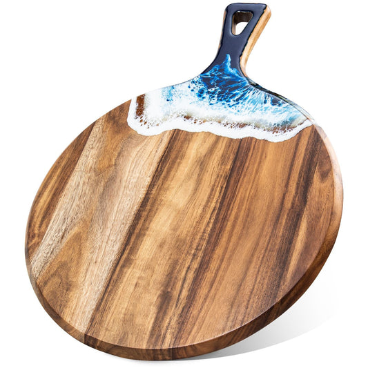 Front view of round ocean resin cutting and serving board