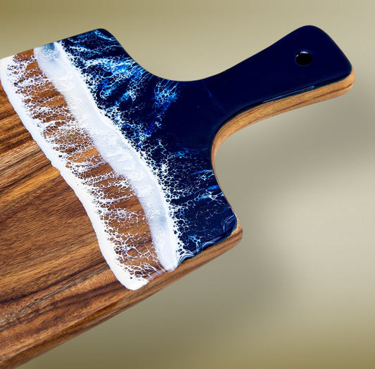 Acacia Wooden paddle charcuterie&Serving Board with blue ocean wave resin 