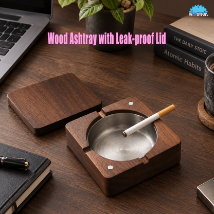 Solid Wood Ashtray – Walnut or Natural Finish, Lidded Cigar Holder with Stainless Steel Tray