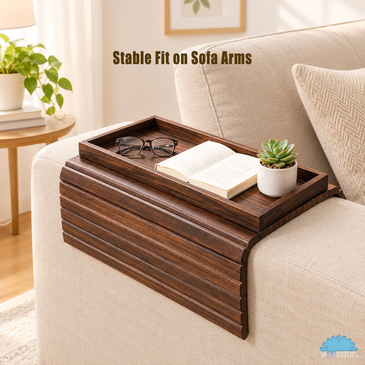 Bamboo Sofa Armrest Tray – Foldable Couch Table, Drink & Snack Organizer
