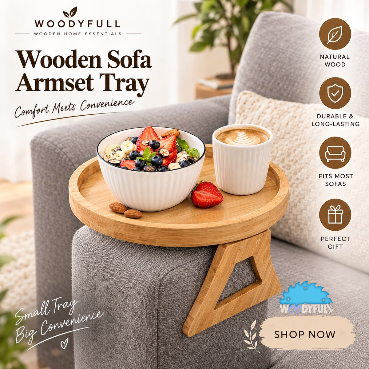 Round Wooden Couch Armrest Tray – Foldable Sofa Table for Drinks, Snacks & Everyday Essentials