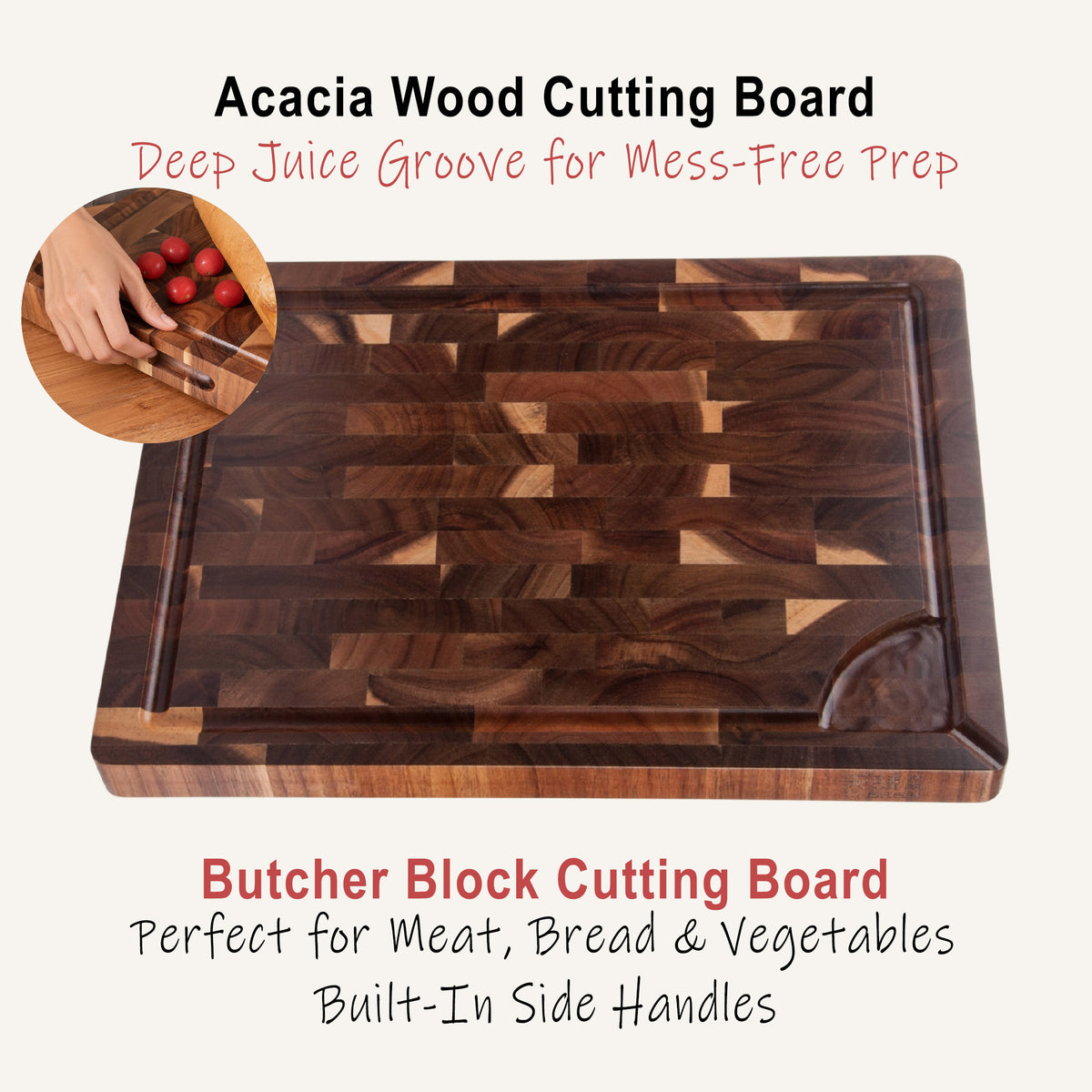 Large Acacia Wood Cutting Board – 15 Inch Thick Kitchen Chopping & Serving Board