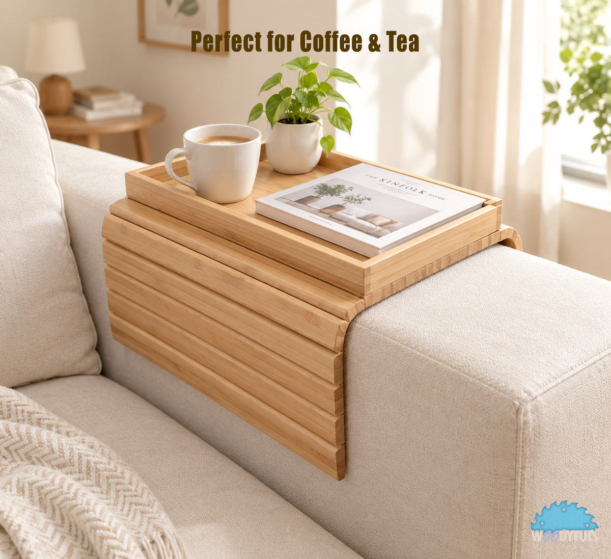 Bamboo Sofa Armrest Tray – Foldable Couch Table, Drink & Snack Organizer