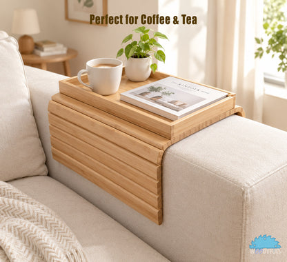 Bamboo Sofa Armrest Tray – Foldable Couch Table, Drink & Snack Organizer