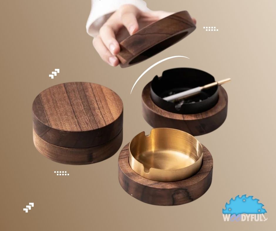Wooden Ashtray with Stainless Steel Lid – Walnut Desktop Smoking Accessory