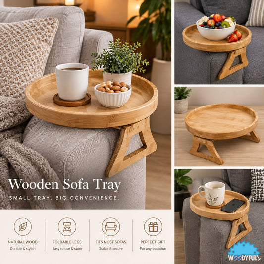 Round Wooden Couch Armrest Tray – Foldable Sofa Table for Drinks, Snacks & Everyday Essentials