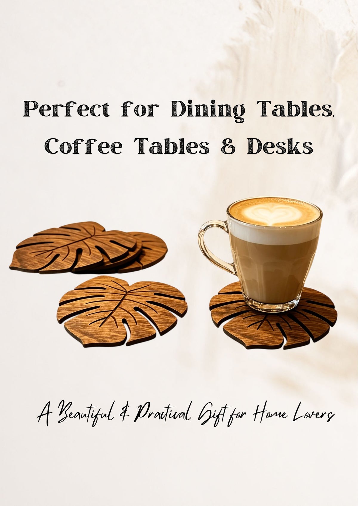 Monstera Wood Coasters Set of 6 – Natural Leaf Drink Mats, Heat Resistant Table Decor