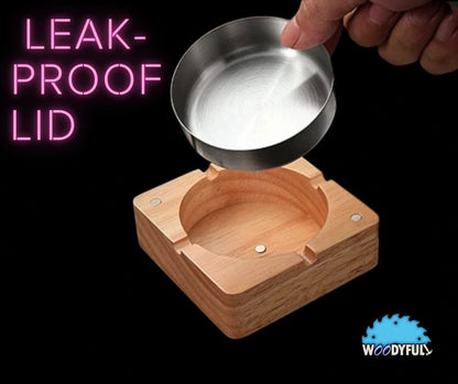Solid Wood Ashtray – Walnut or Natural Finish, Lidded Cigar Holder with Stainless Steel Tray