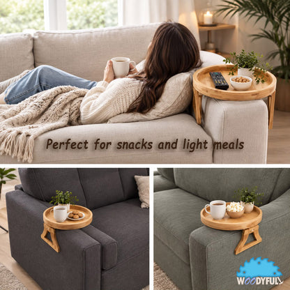 Round Wooden Couch Armrest Tray – Foldable Sofa Table for Drinks, Snacks & Everyday Essentials