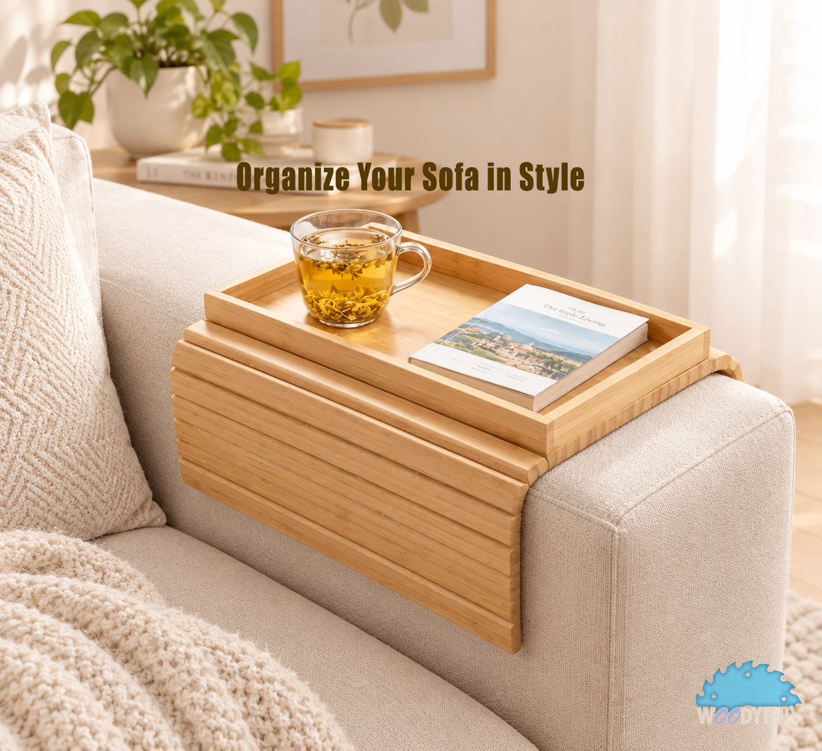 Bamboo Sofa Armrest Tray – Foldable Couch Table, Drink & Snack Organizer