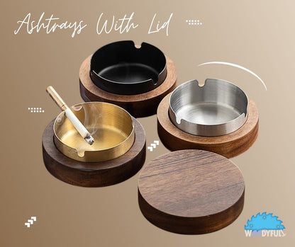 Wooden Ashtray with Stainless Steel Lid – Walnut Desktop Smoking Accessory