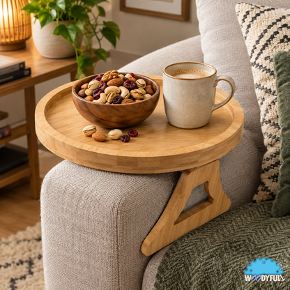 Round Wooden Couch Armrest Tray – Foldable Sofa Table for Drinks, Snacks & Everyday Essentials