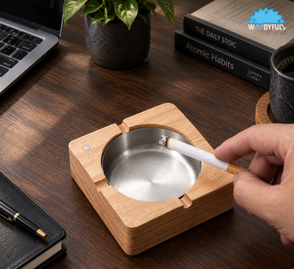 Solid Wood Ashtray – Walnut or Natural Finish, Lidded Cigar Holder with Stainless Steel Tray