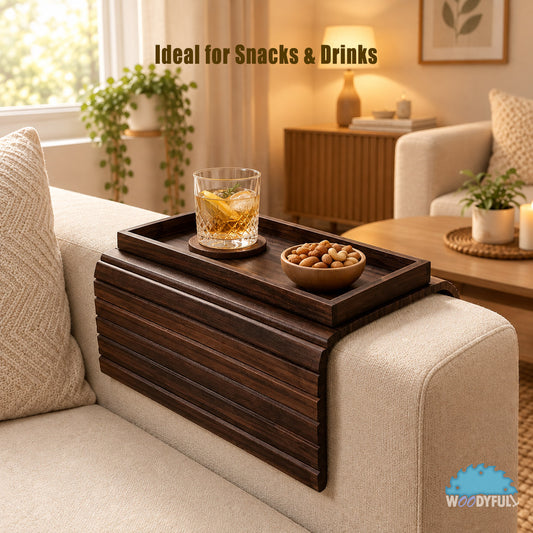 Bamboo Sofa Armrest Tray – Foldable Couch Table, Drink & Snack Organizer