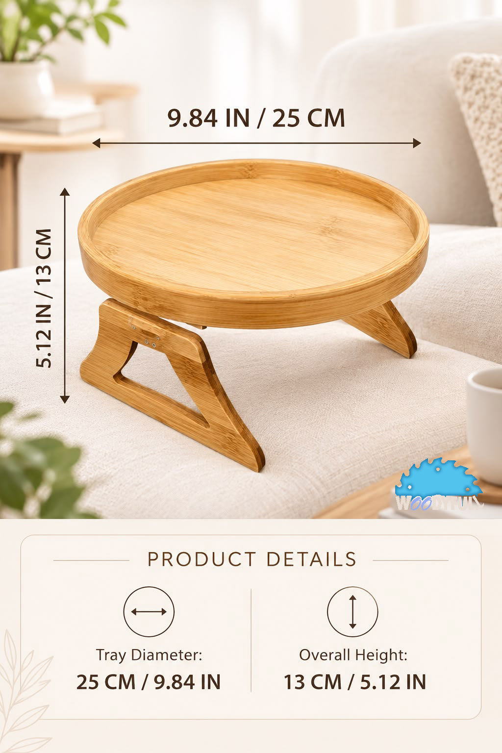 Round Wooden Couch Armrest Tray – Foldable Sofa Table for Drinks, Snacks & Everyday Essentials