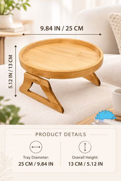 Round Wooden Couch Armrest Tray – Foldable Sofa Table for Drinks, Snacks & Everyday Essentials