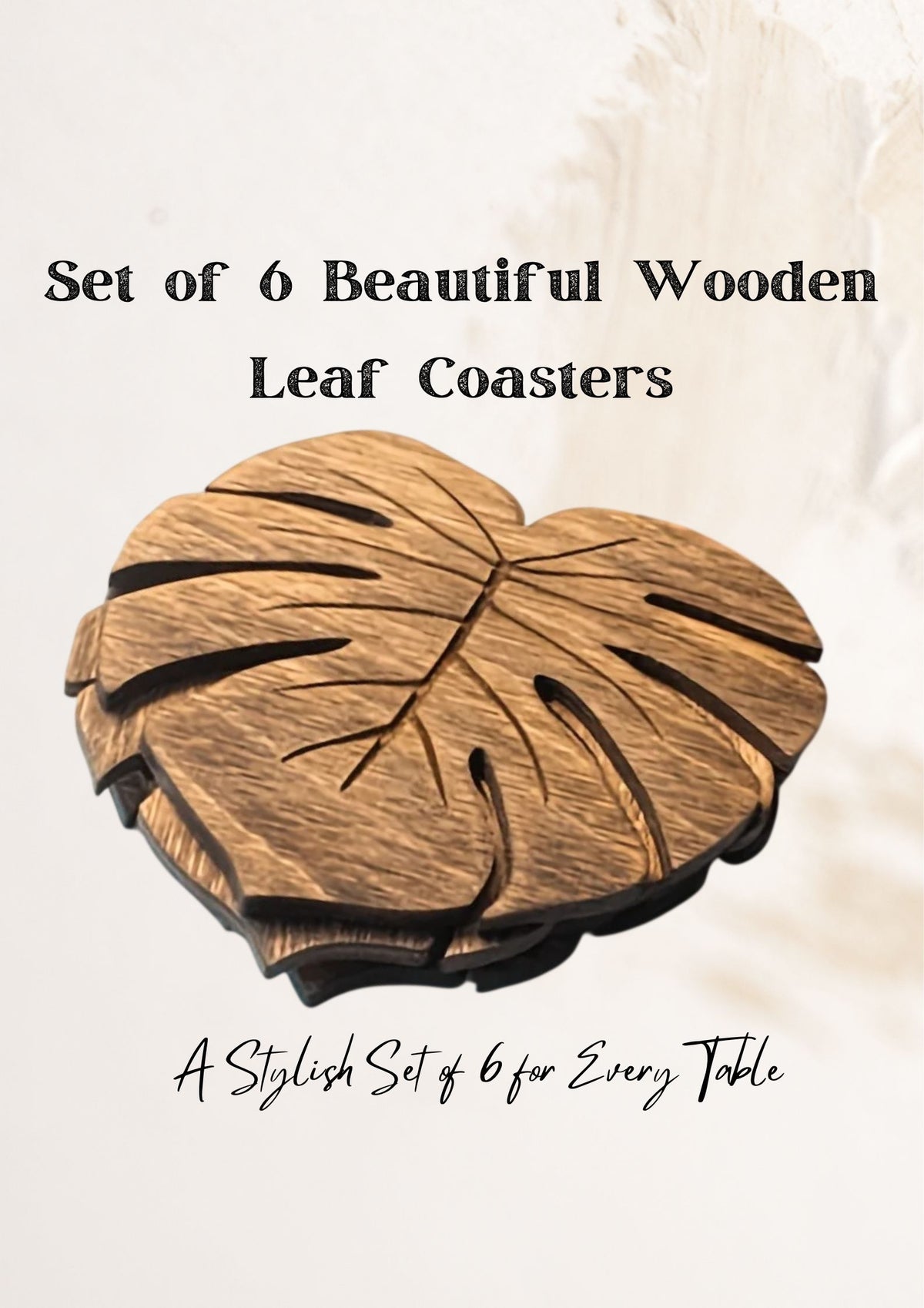 Monstera Wood Coasters Set of 6 – Natural Leaf Drink Mats, Heat Resistant Table Decor