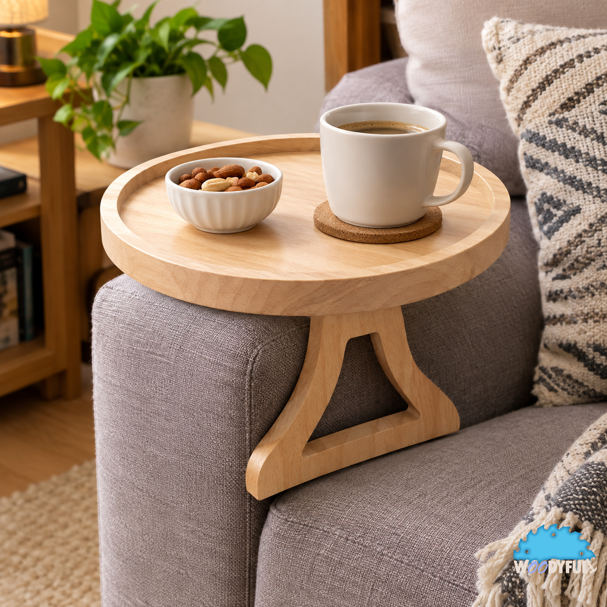 Round Wooden Couch Armrest Tray – Foldable Sofa Table for Drinks, Snacks & Everyday Essentials