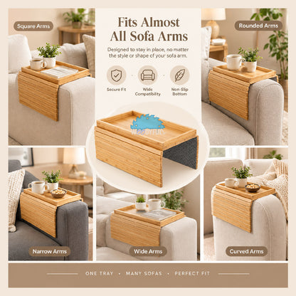 Bamboo Sofa Armrest Tray – Foldable Couch Table, Drink & Snack Organizer