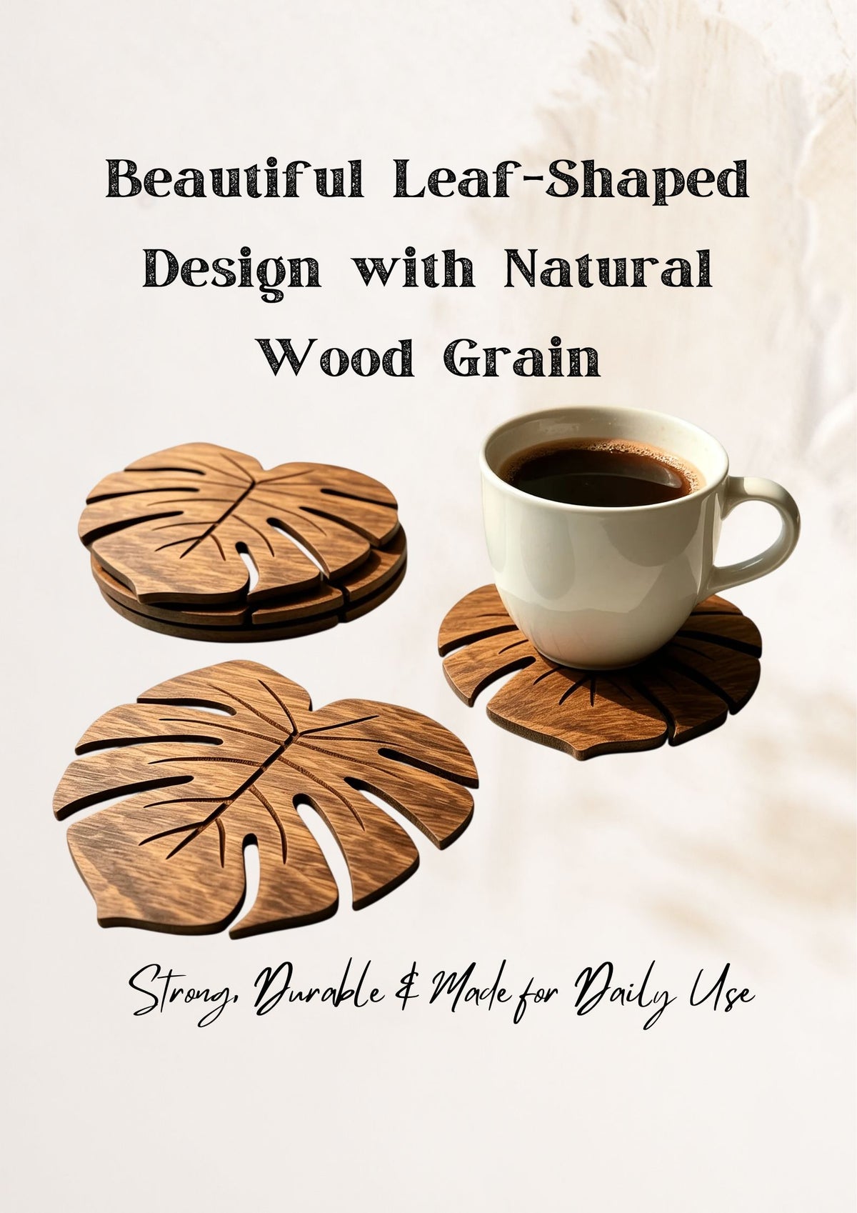 Monstera Wood Coasters Set of 6 – Natural Leaf Drink Mats, Heat Resistant Table Decor