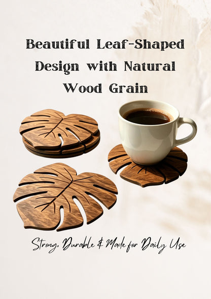 Monstera Wood Coasters Set of 6 – Natural Leaf Drink Mats, Heat Resistant Table Decor