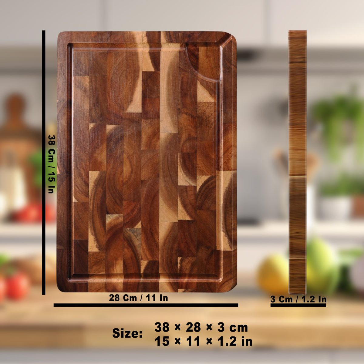 Large Acacia Wood Cutting Board – 15 Inch Thick Kitchen Chopping & Serving Board