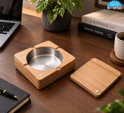 Solid Wood Ashtray – Walnut or Natural Finish, Lidded Cigar Holder with Stainless Steel Tray