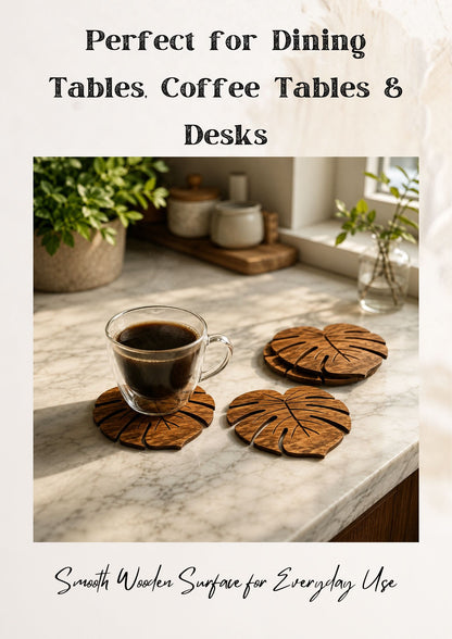 Monstera Wood Coasters Set of 6 – Natural Leaf Drink Mats, Heat Resistant Table Decor