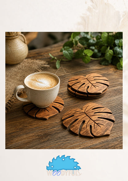 Monstera Wood Coasters Set of 6 – Natural Leaf Drink Mats, Heat Resistant Table Decor