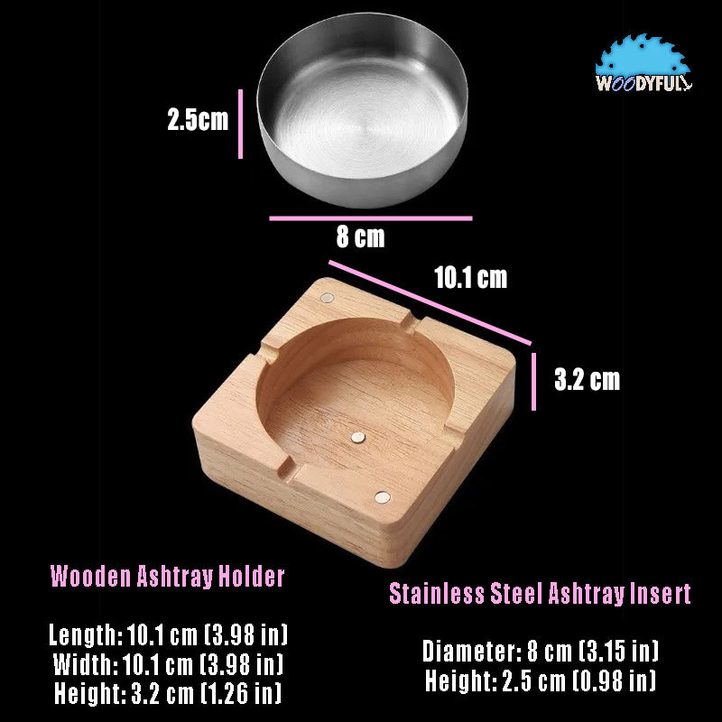 Solid Wood Ashtray – Walnut or Natural Finish, Lidded Cigar Holder with Stainless Steel Tray
