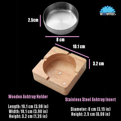 Solid Wood Ashtray – Walnut or Natural Finish, Lidded Cigar Holder with Stainless Steel Tray