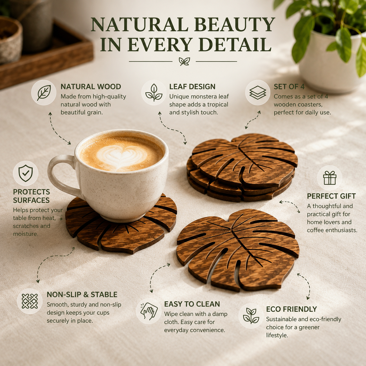 Monstera Wood Coasters Set of 6 – Natural Leaf Drink Mats, Heat Resistant Table Decor