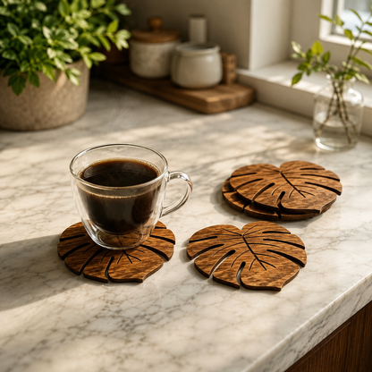 Monstera Wood Coasters Set of 6 – Natural Leaf Drink Mats, Heat Resistant Table Decor