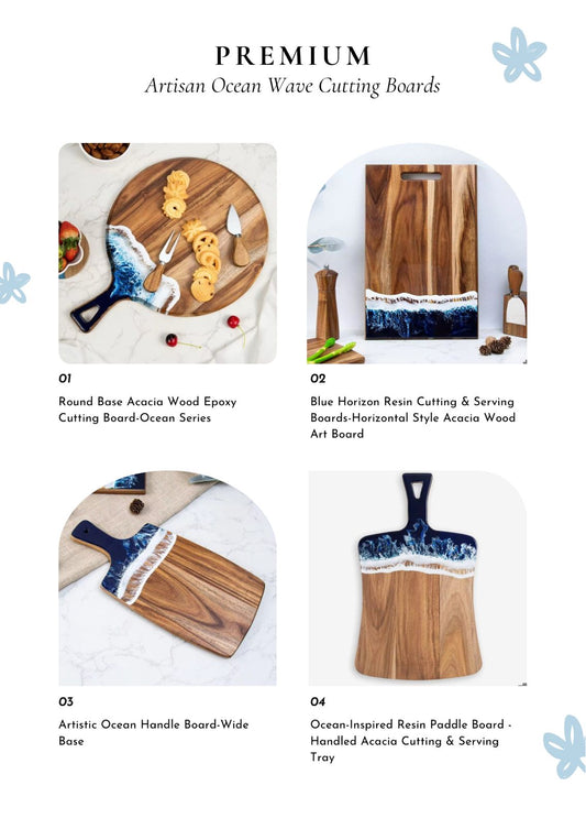 Premium Artisan Ocean Wave Cutting Boards — handcrafted acacia wood boards with ocean resin art design, including round, paddle, wide base, and blue horizon styles.