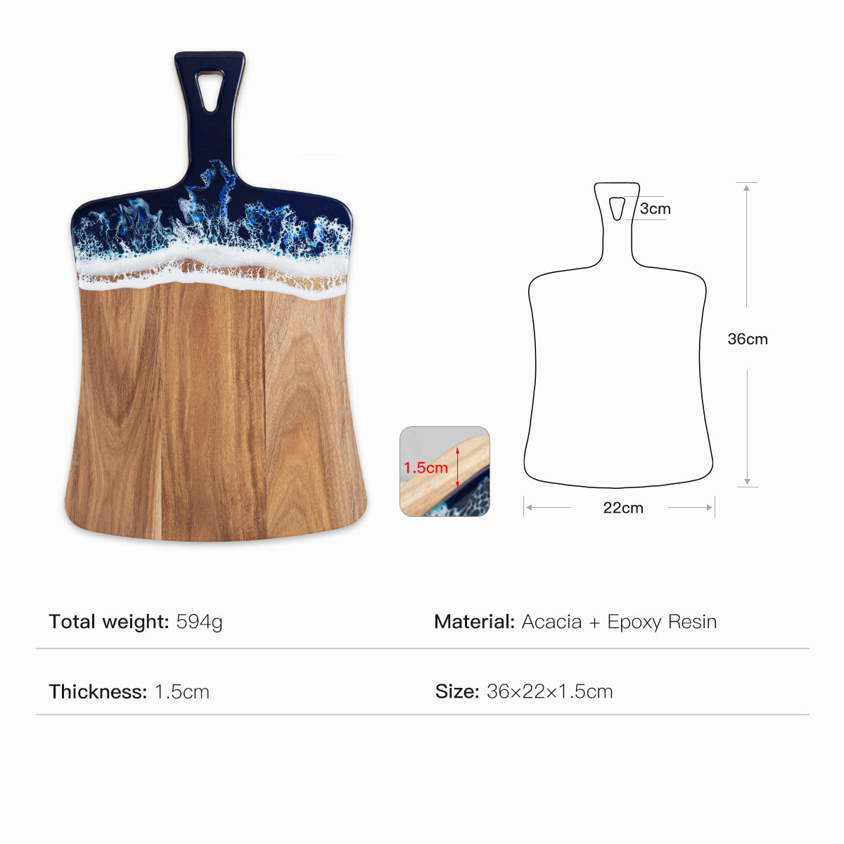 Size of Stylish resin paddle board placed on a dining setup 