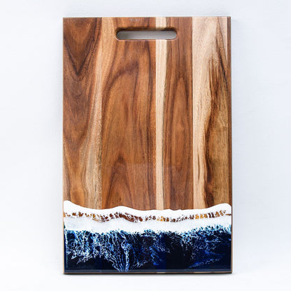 Front view of Blue Horizon resin cutting and serving board made with acacia wood For UK home decor