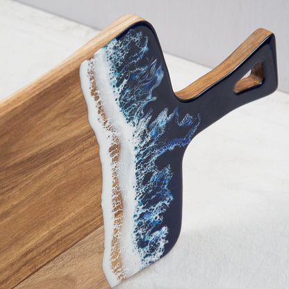 Modern serving tray with ocean theme and solid wood base