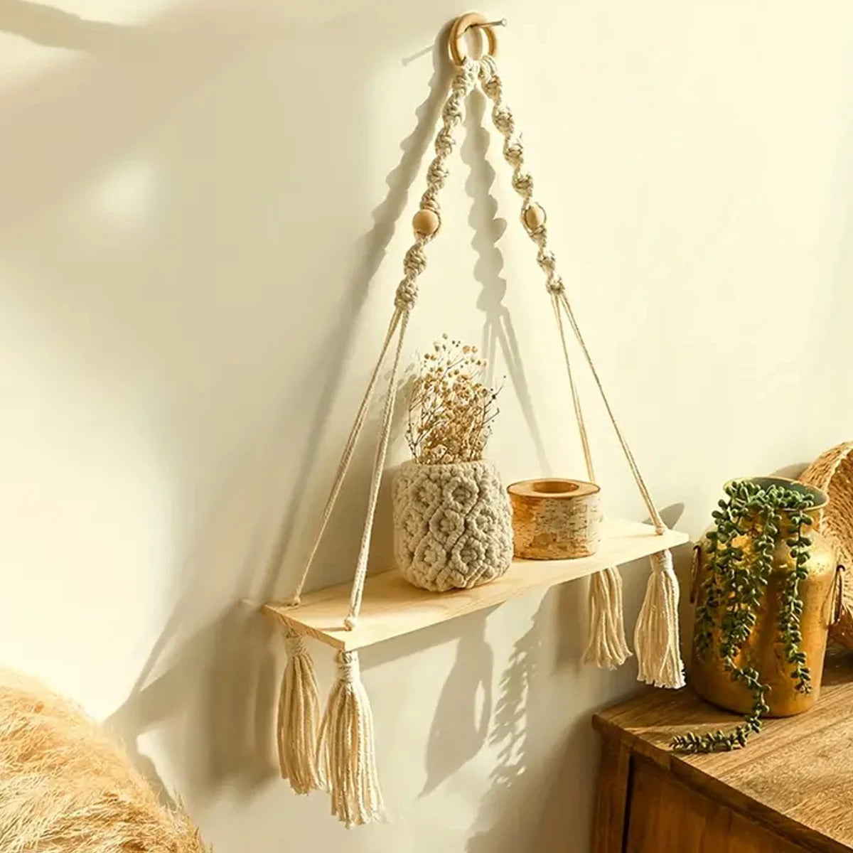 Macrame Hanging Shelf | Boho Wooden Floating Wall Shelf