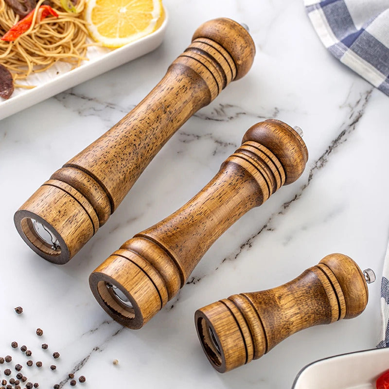 Wooden Salt & Pepper Mill Set (5/8/10 Inch) – Adjustable Ceramic Core Spice Grinder