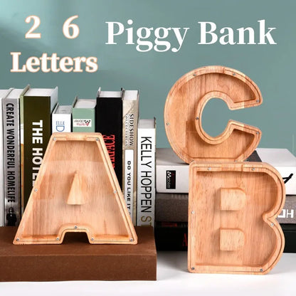 Personalized Wooden Alphabet Piggy Bank – Letter Coin Saving Box for Kids & Home Decor