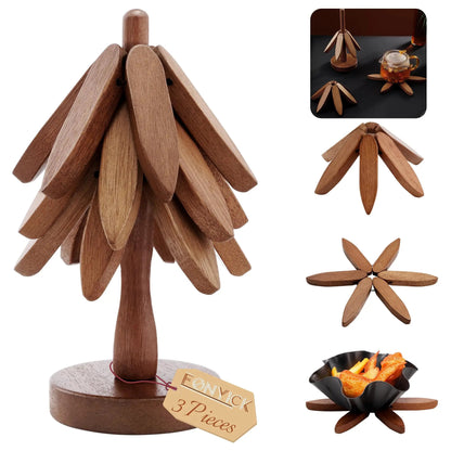 Premium Wooden Trivet for Hot Pots & Pans – Heat Resistant Christmas Tree Kitchen Mat