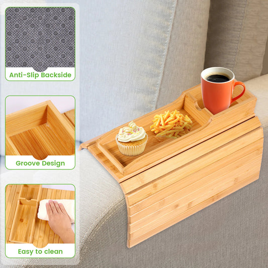 Couch Cup Holder | Bamboo Sofa Armrest Tray Anti-Slip Couch Arm Tray for Drinks & Snacks