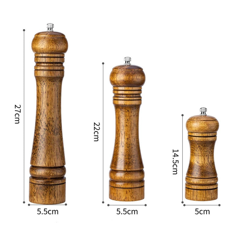 Wooden Salt & Pepper Mill Set (5/8/10 Inch) – Adjustable Ceramic Core Spice Grinder