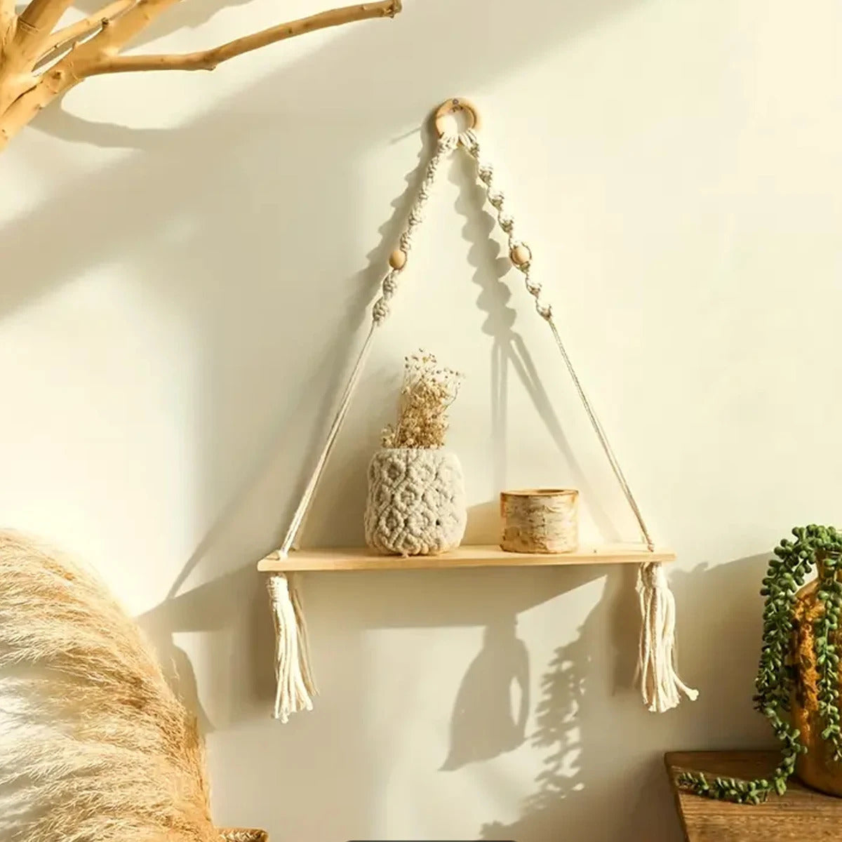 Macrame Hanging Shelf | Boho Wooden Floating Wall Shelf