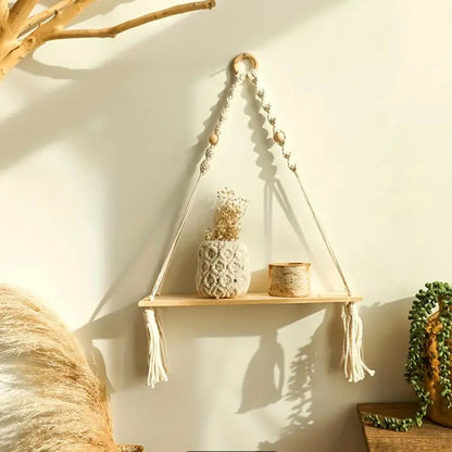 Macrame Hanging Shelf | Boho Wooden Floating Wall Shelf
