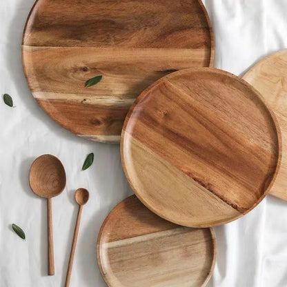 Wooden Round Serving Tray – Solid Wood Platter for Pizza, Salad, Bread, Fruit & Dessert