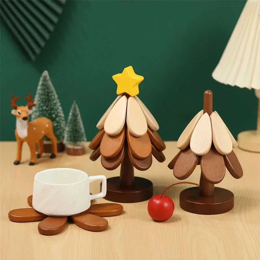 Wooden Christmas Tree Trivet Set – Heat Resistant Pot Holder, Kitchen Placemat & Decorative Coaster