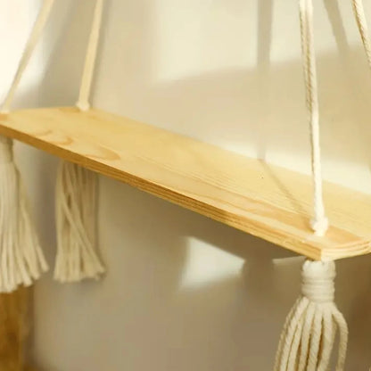 Macrame Hanging Shelf | Boho Wooden Floating Wall Shelf