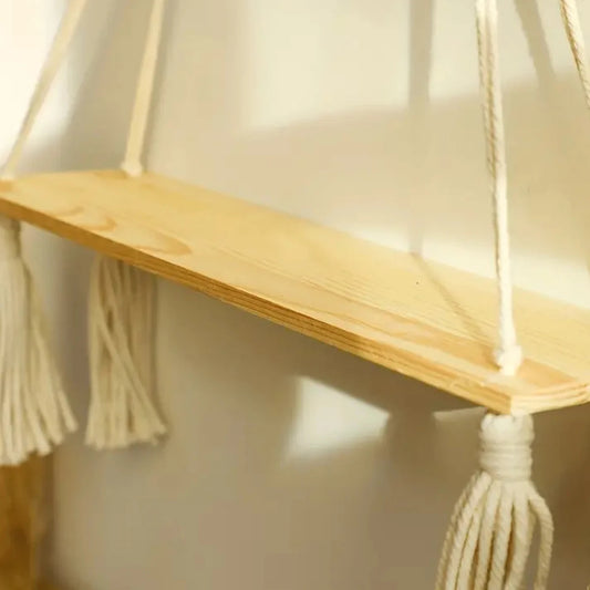 Macrame Hanging Shelf | Boho Wooden Floating Wall Shelf